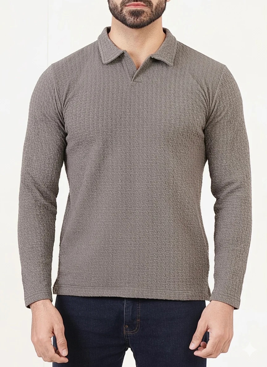 Men’s Gray Textured Long-Sleeve Polo Shirt